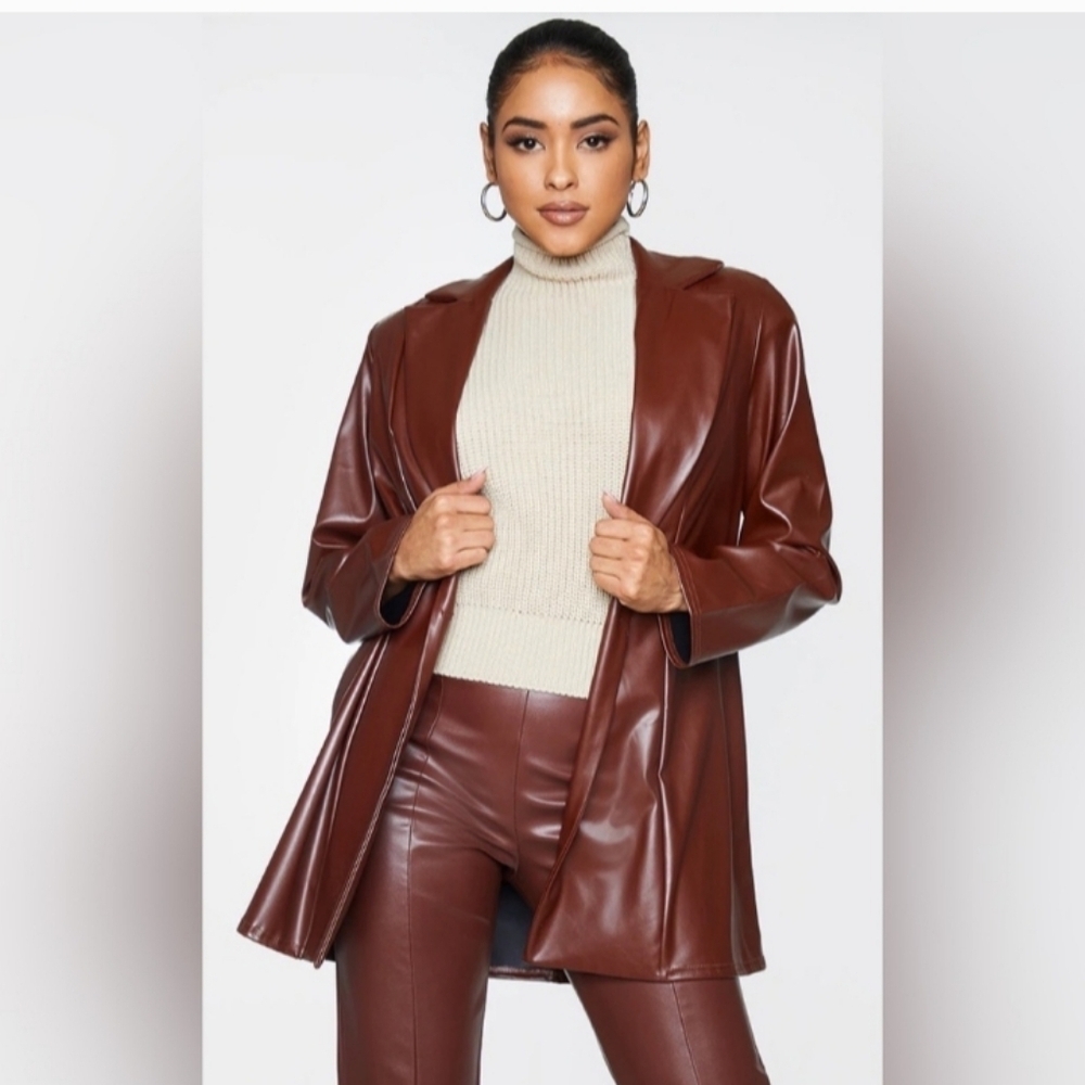 PrettyLittleThing Burgundy Brown Faux Leather Slouchy Unstructured Blazer 8